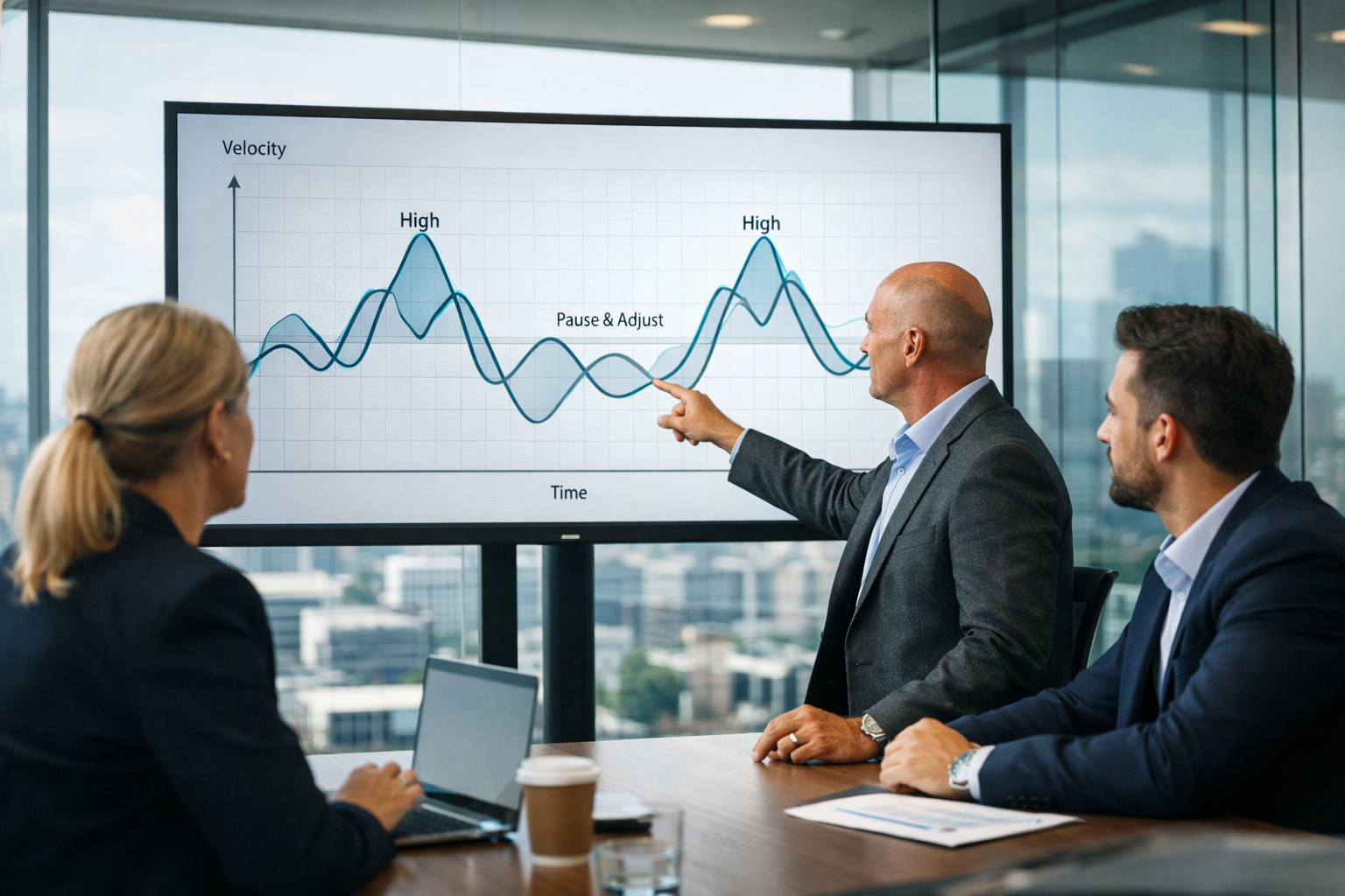 US mid-market B2B leadership team reviewing flexible software development velocity strategy in modern office